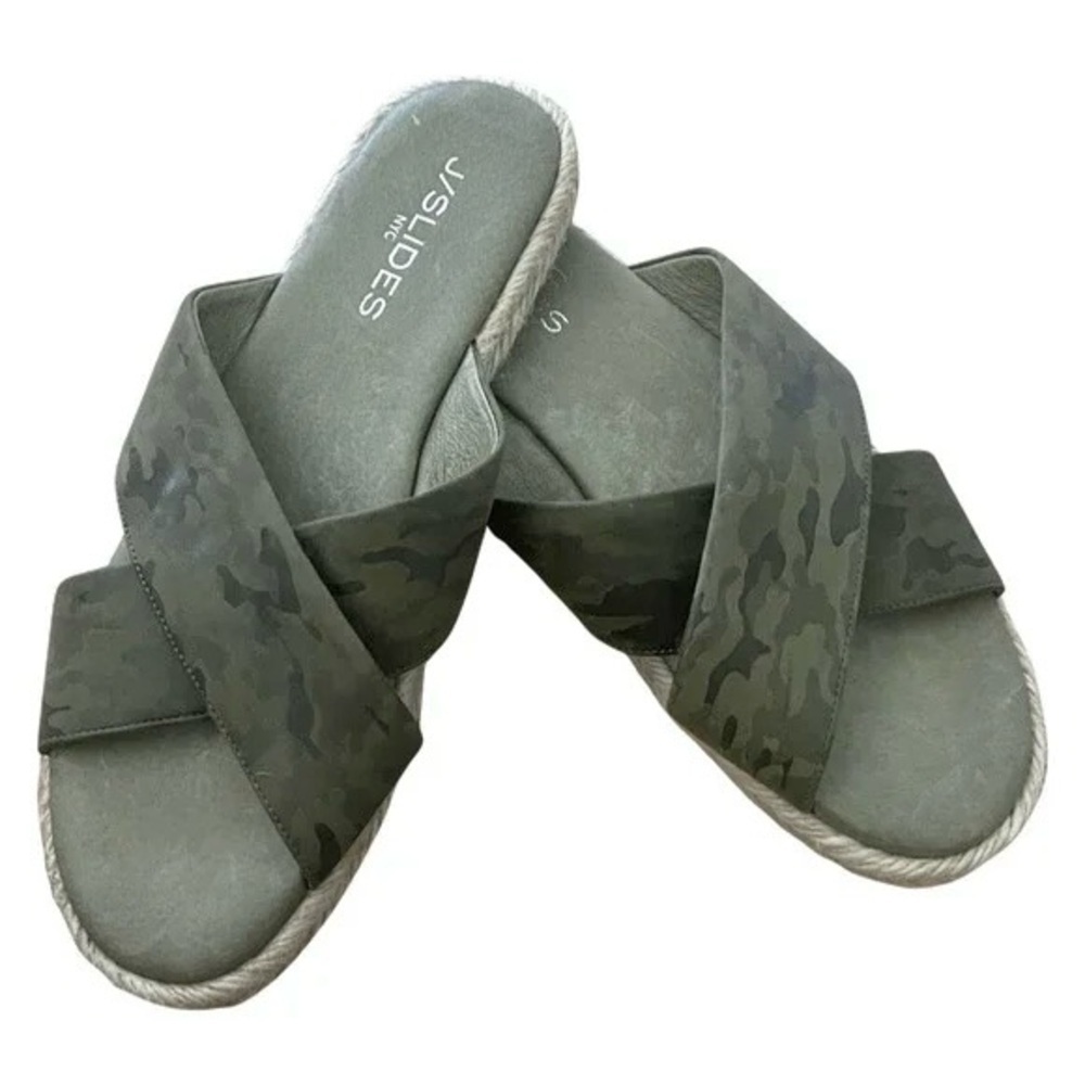 J/SLIDES Reva Green Camouflage Leather Slide Espadrille Sandals